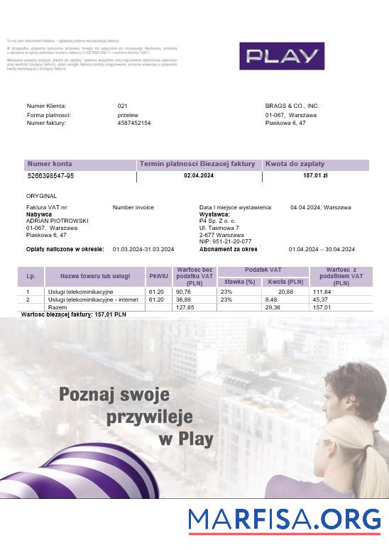Downloadable Poland Play business utility bill template in Word and PDF format